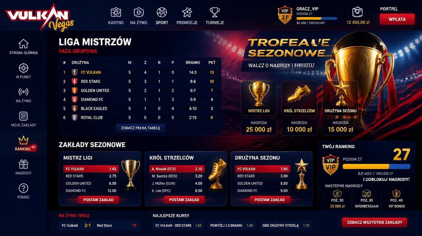 Obraz przedstawia interfejs pokazujący zakłady sezonowe, tabelę lig, trofeum i progres rankingu