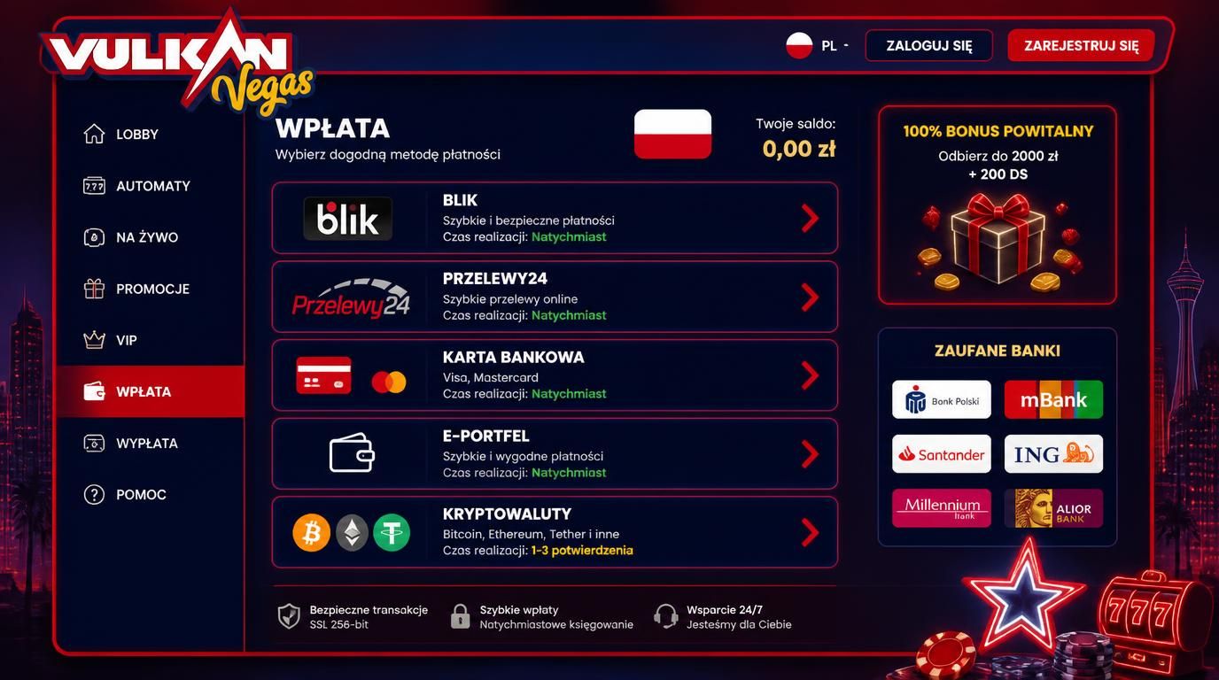 BLIK i Przelewy24 w centrum, karta Visa i Mastercard, ikony portfeli elektronicznych i krypto alt Opcje wpłat w Vulkan Vegas z Polski caption Polska widoczność metod płatności – BLIK, Przelewy24, karty i krypto