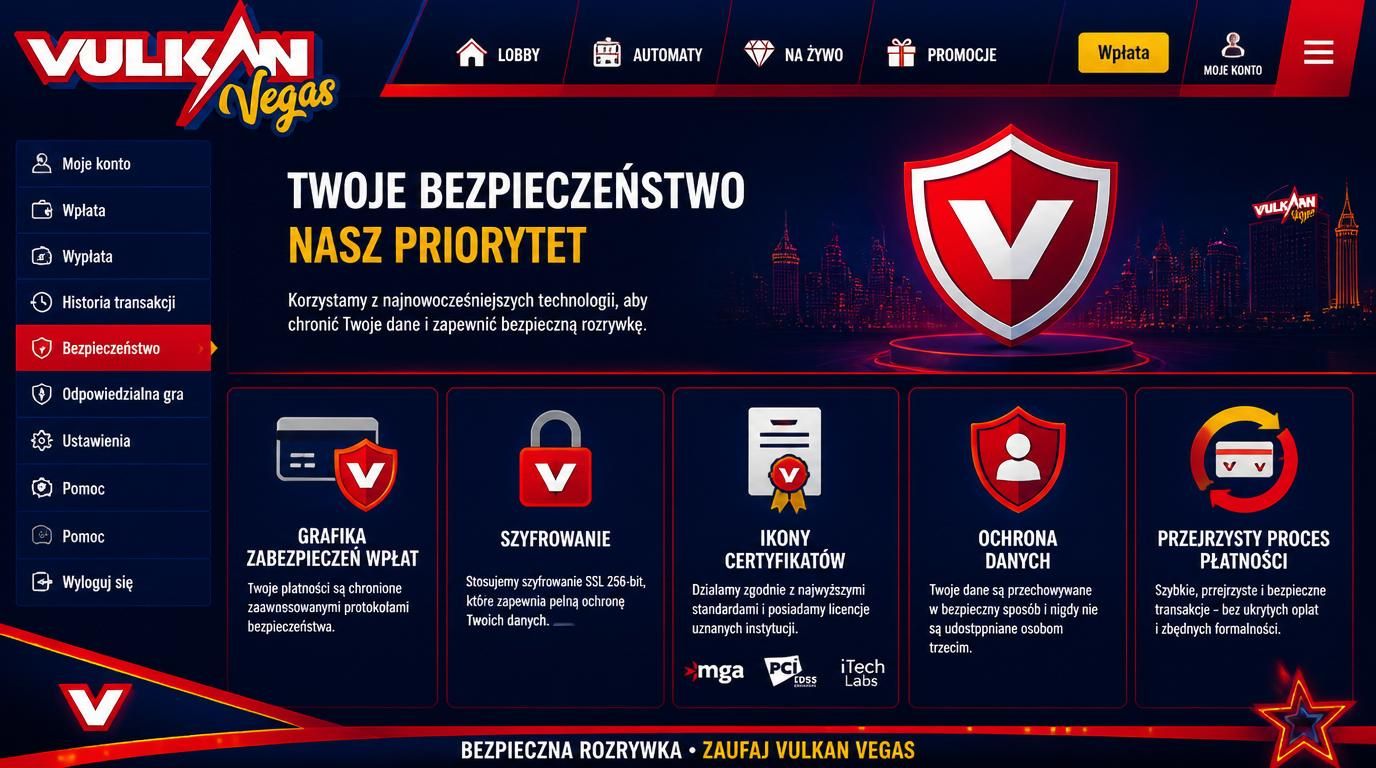 Ikony tarczy, kłódki, formularz z osłoną danych alt Bezpieczny depozyt w Vulkan Vegas – szyfrowanie i certyfikaty caption Proces wpłaty przez bezpieczne kanały, certyfikaty i kontrola danych