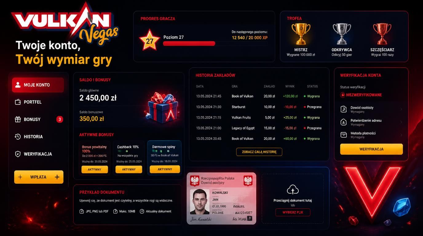 Profil gracza z progressem, trofeami i podsumowaniem konta
