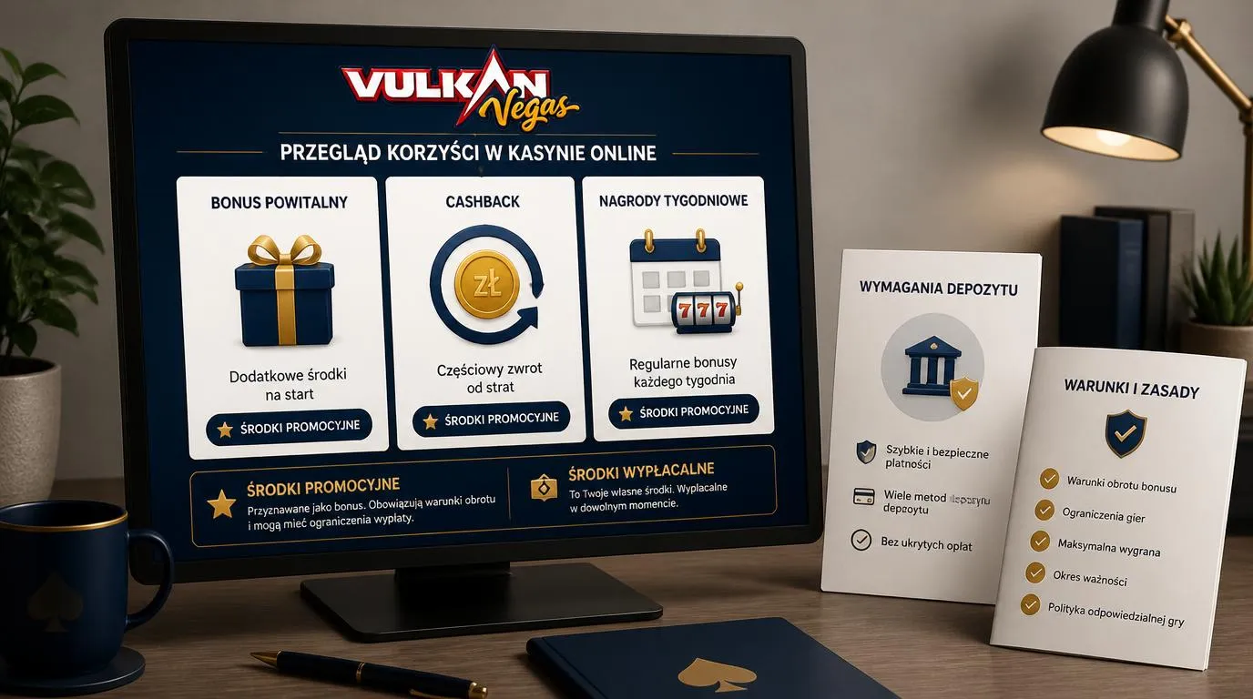 Porównanie bonusu powitalnego, cashbacku i nagród tygodniowych obok informacji o wymaganym depozycie