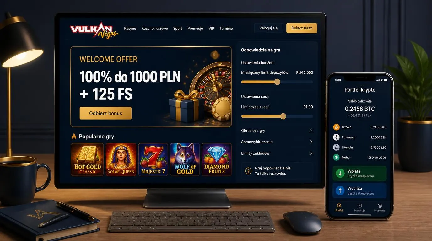 Panel oferty powitalnej obok portfela kryptowalutowego i ustawień limitu budżetu oraz czasu gry