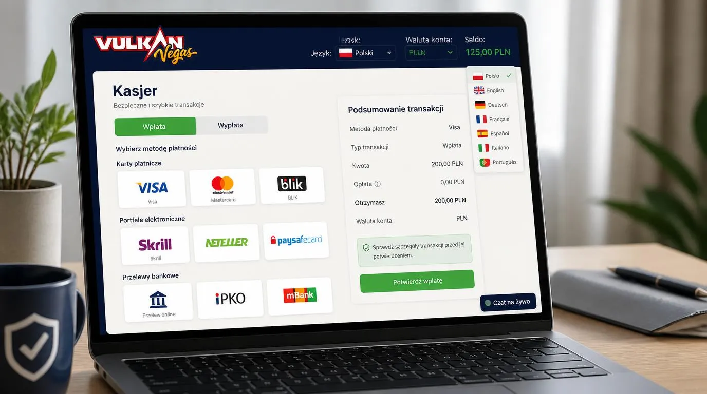 Panel kasjera z językiem polskim, saldem w PLN, metodami płatności i przyciskiem czatu