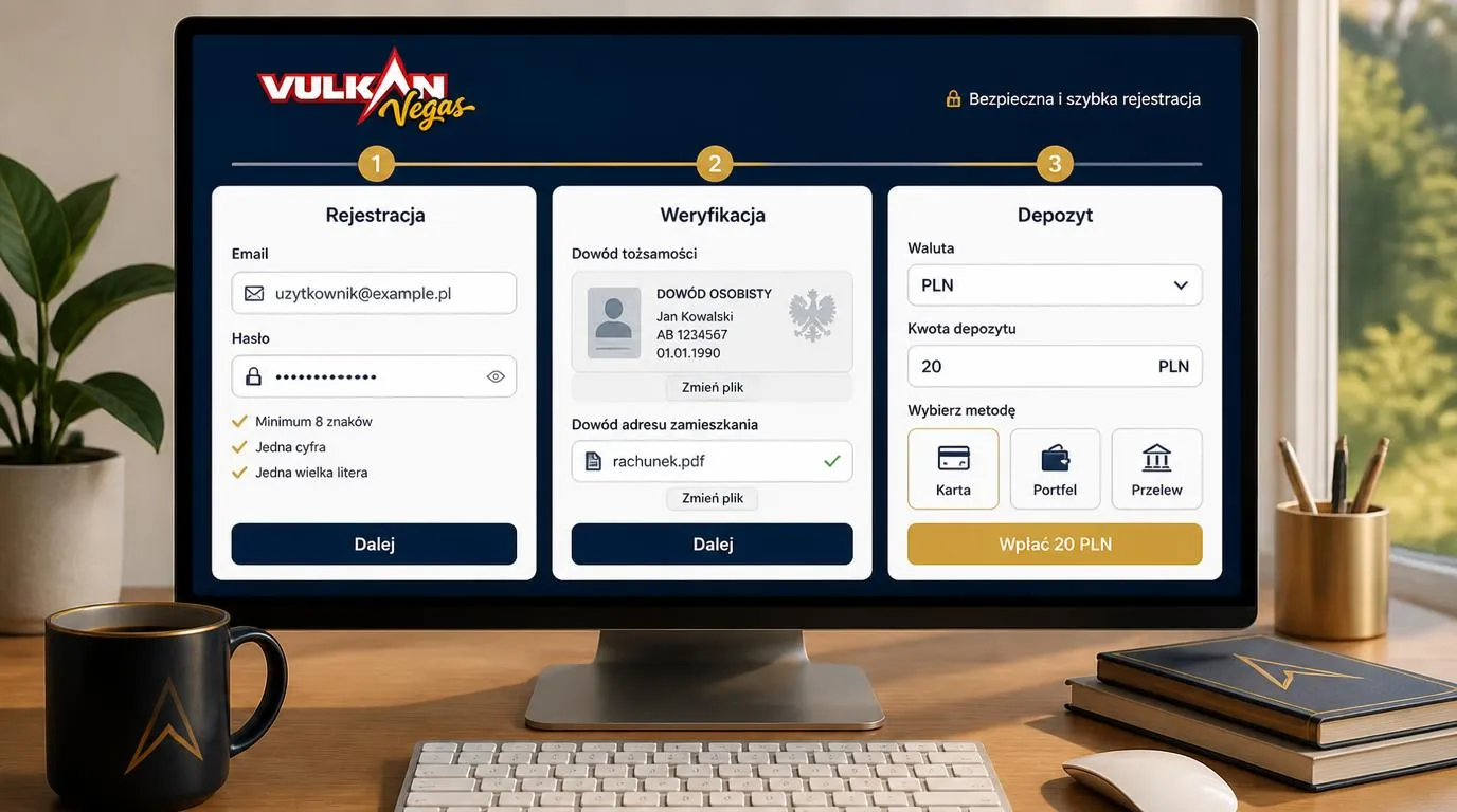 Panel rejestracji konta, przesyłania dokumentów KYC i pierwszej wpłaty w PLN