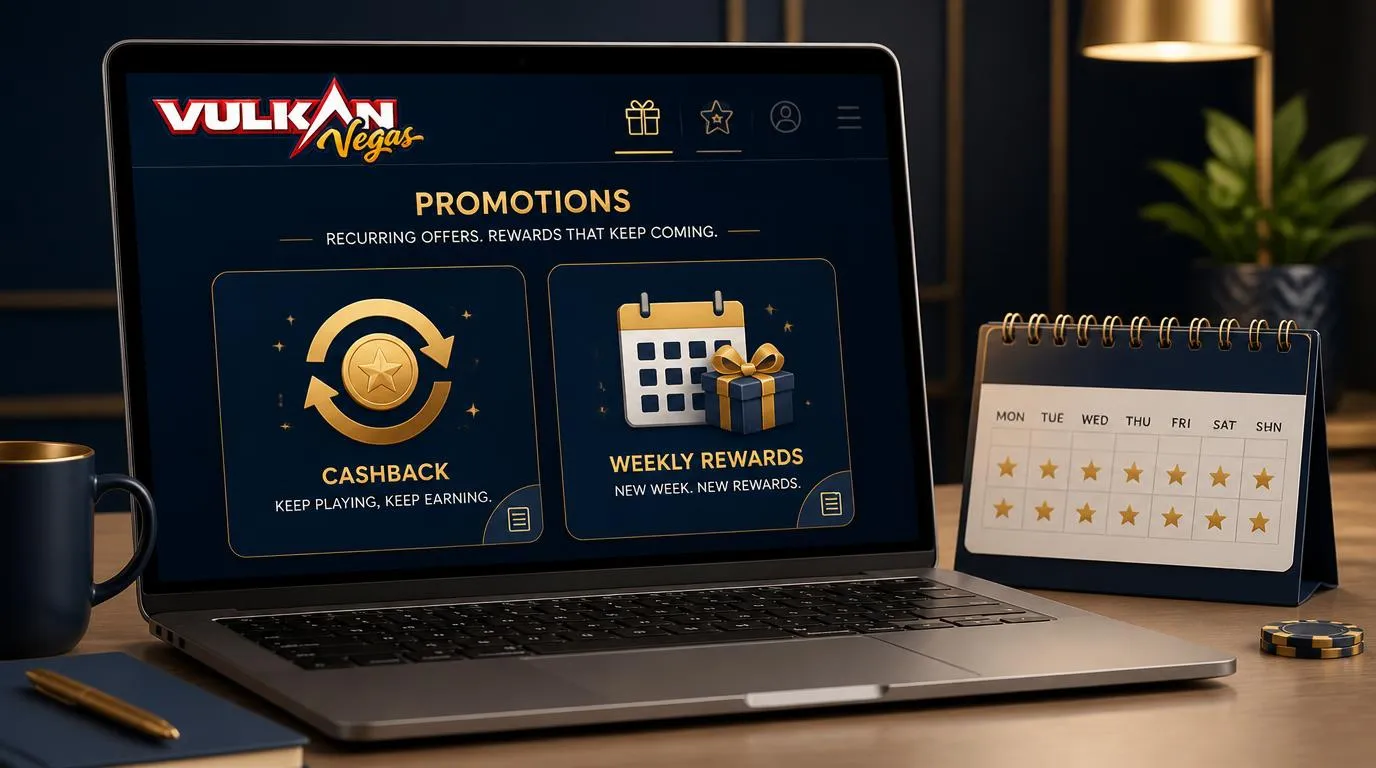 Panel promocji kasyna z kartami cashbacku i tygodniowych nagród obok kalendarza